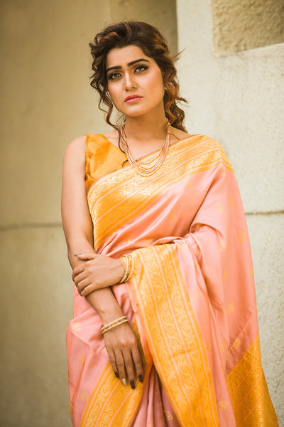 Soft Pink and Mango Silk Saree - Indian Clothing in Denver, CO, Aurora, CO, Boulder, CO, Fort Collins, CO, Colorado Springs, CO, Parker, CO, Highlands Ranch, CO, Cherry Creek, CO, Centennial, CO, and Longmont, CO. Nationwide shipping USA - India Fashion X