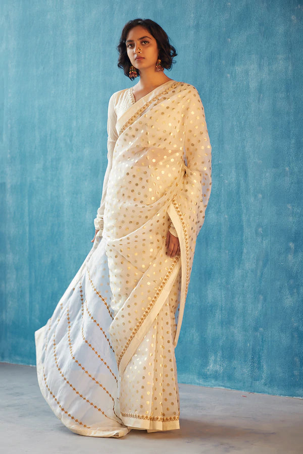 Ivory Organza Silk Saree - Indian Clothing in Denver, CO, Aurora, CO, Boulder, CO, Fort Collins, CO, Colorado Springs, CO, Parker, CO, Highlands Ranch, CO, Cherry Creek, CO, Centennial, CO, and Longmont, CO. Nationwide shipping USA - India Fashion X