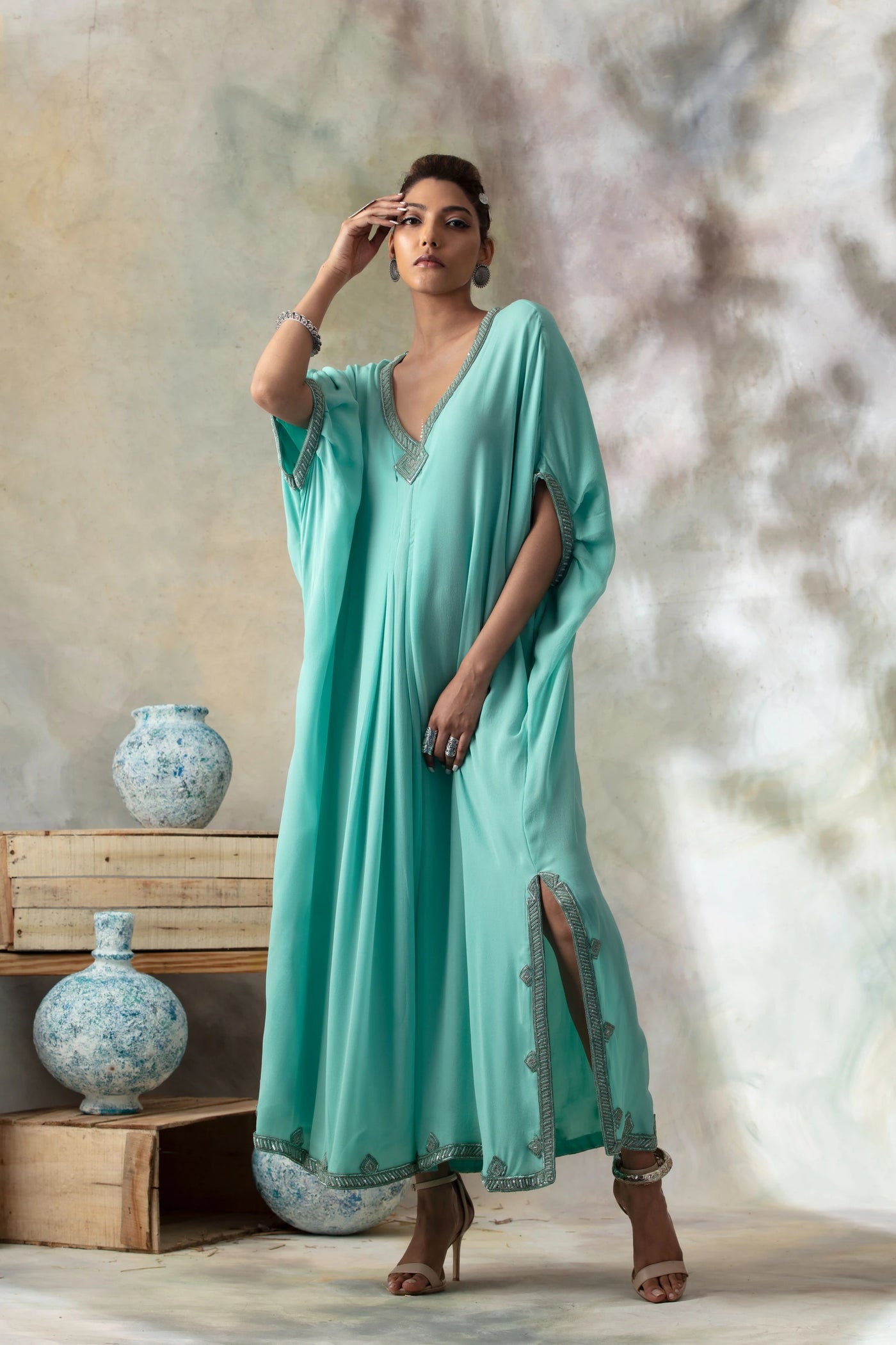 Aqua Silk Kaftan Indian Clothing in Denver, CO, Aurora, CO, Boulder, CO, Fort Collins, CO, Colorado Springs, CO, Parker, CO, Highlands Ranch, CO, Cherry Creek, CO, Centennial, CO, and Longmont, CO. NATIONWIDE SHIPPING USA- India Fashion X