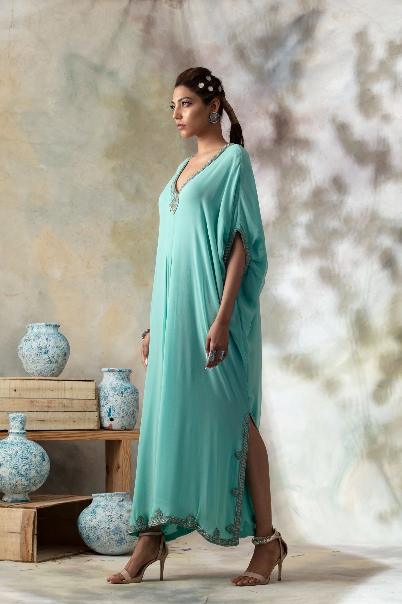 Aqua Silk Kaftan Indian Clothing in Denver, CO, Aurora, CO, Boulder, CO, Fort Collins, CO, Colorado Springs, CO, Parker, CO, Highlands Ranch, CO, Cherry Creek, CO, Centennial, CO, and Longmont, CO. NATIONWIDE SHIPPING USA- India Fashion X