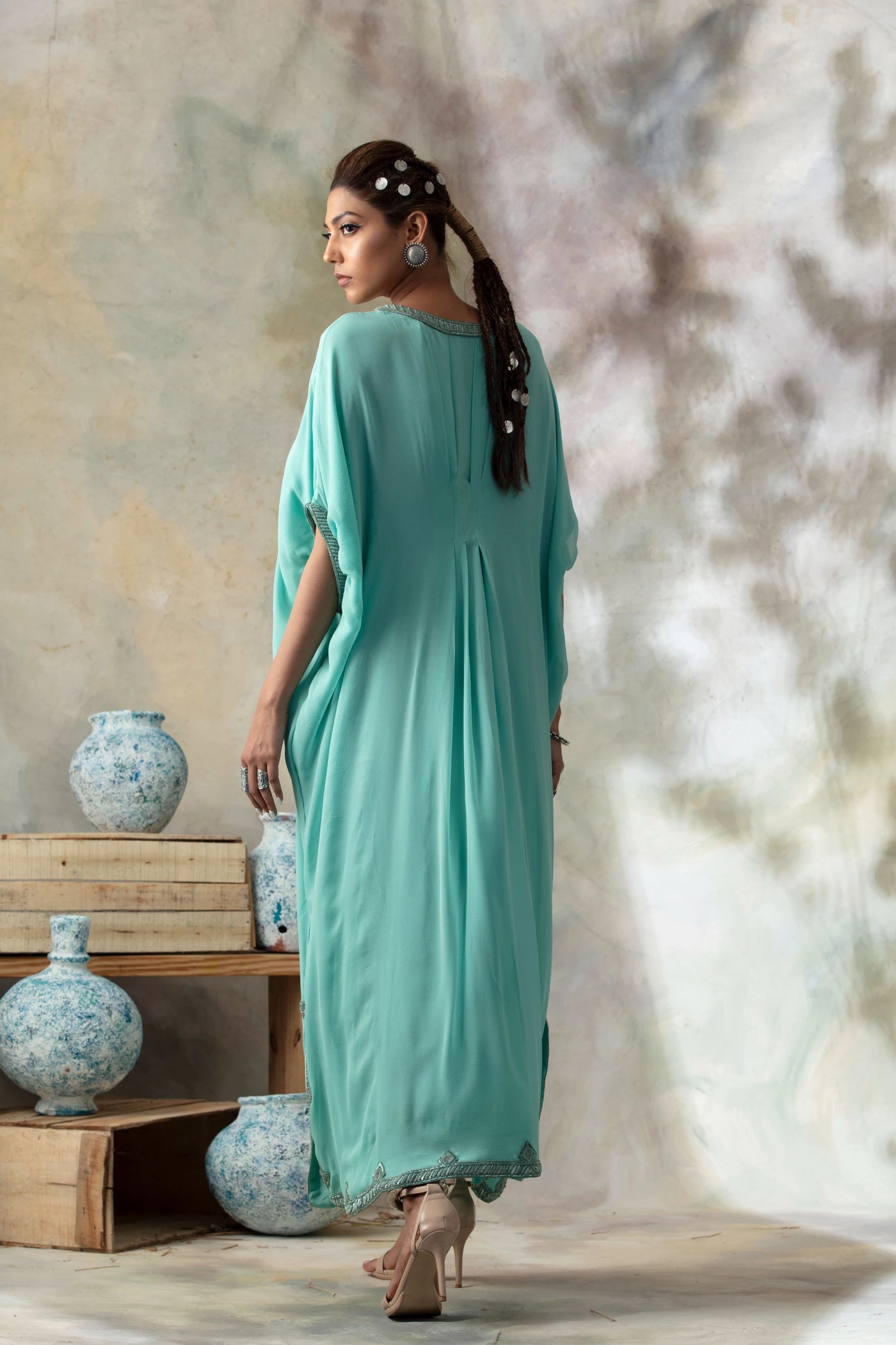 Aqua Silk Kaftan Indian Clothing in Denver, CO, Aurora, CO, Boulder, CO, Fort Collins, CO, Colorado Springs, CO, Parker, CO, Highlands Ranch, CO, Cherry Creek, CO, Centennial, CO, and Longmont, CO. NATIONWIDE SHIPPING USA- India Fashion X