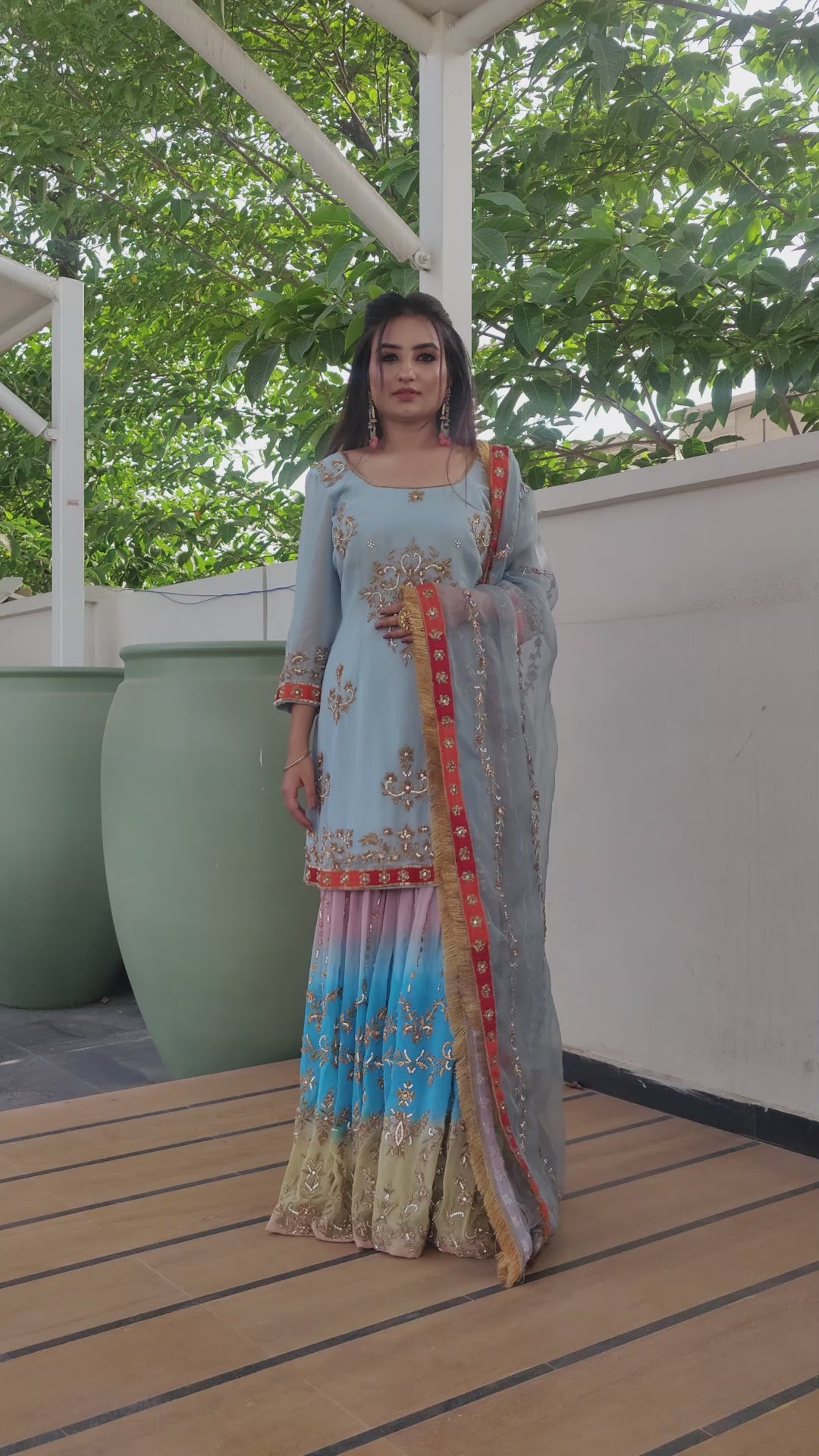 Misty Blue Dyed Sharara Set- Indian Clothing in Denver, CO, Aurora, CO, Boulder, CO, Fort Collins, CO, Colorado Springs, CO, Parker, CO, Highlands Ranch, CO, Cherry Creek, CO, Centennial, CO, and Longmont, CO. Nationwide shipping USA- India Fashion X
