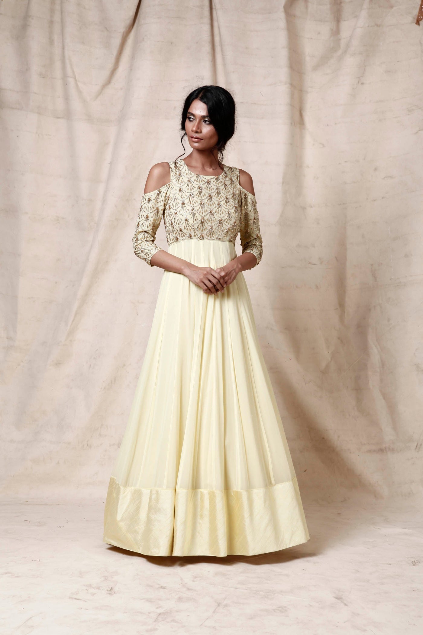 Light Yellow Embroidered Anarkali - Indian Clothing in Denver, CO, Aurora, CO, Boulder, CO, Fort Collins, CO, Colorado Springs, CO, Parker, CO, Highlands Ranch, CO, Cherry Creek, CO, Centennial, CO, and Longmont, CO. Nationwide shipping USA - India Fashion X