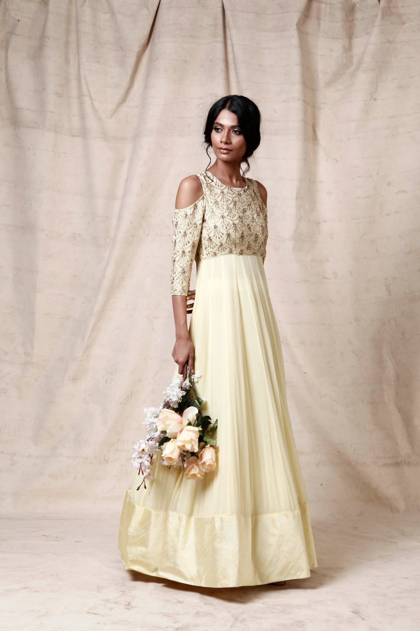 Light Yellow Embroidered Anarkali - Indian Clothing in Denver, CO, Aurora, CO, Boulder, CO, Fort Collins, CO, Colorado Springs, CO, Parker, CO, Highlands Ranch, CO, Cherry Creek, CO, Centennial, CO, and Longmont, CO. Nationwide shipping USA - India Fashion X