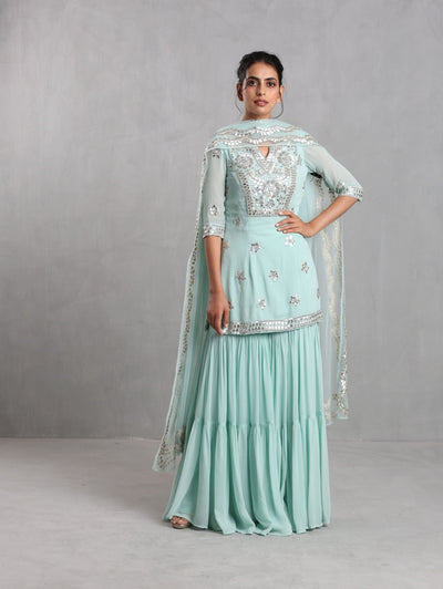 Aqua Blue Sharara Set Indian Clothing in Denver, CO, Aurora, CO, Boulder, CO, Fort Collins, CO, Colorado Springs, CO, Parker, CO, Highlands Ranch, CO, Cherry Creek, CO, Centennial, CO, and Longmont, CO. NATIONWIDE SHIPPING USA- India Fashion X