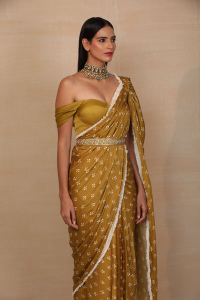 Mustard Pre-draped Saree Set - Indian Clothing in Denver, CO, Aurora, CO, Boulder, CO, Fort Collins, CO, Colorado Springs, CO, Parker, CO, Highlands Ranch, CO, Cherry Creek, CO, Centennial, CO, and Longmont, CO. Nationwide shipping USA - India Fashion X