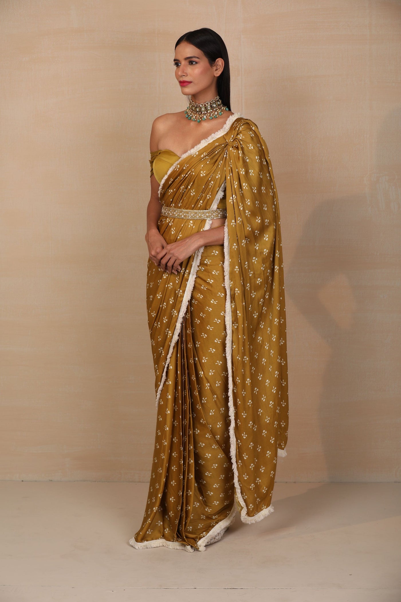 Mustard Pre-draped Saree Set - Indian Clothing in Denver, CO, Aurora, CO, Boulder, CO, Fort Collins, CO, Colorado Springs, CO, Parker, CO, Highlands Ranch, CO, Cherry Creek, CO, Centennial, CO, and Longmont, CO. Nationwide shipping USA - India Fashion X