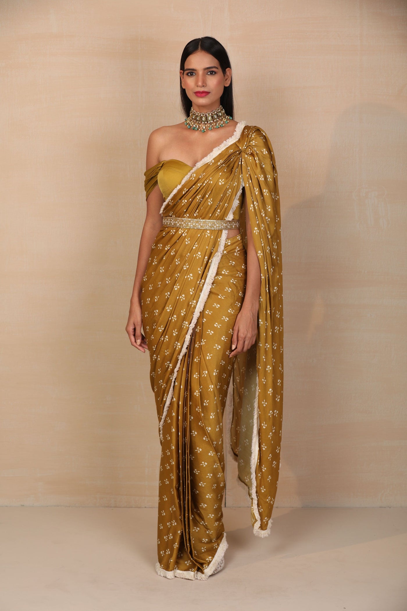 Mustard Pre-draped Saree Set - Indian Clothing in Denver, CO, Aurora, CO, Boulder, CO, Fort Collins, CO, Colorado Springs, CO, Parker, CO, Highlands Ranch, CO, Cherry Creek, CO, Centennial, CO, and Longmont, CO. Nationwide shipping USA - India Fashion X