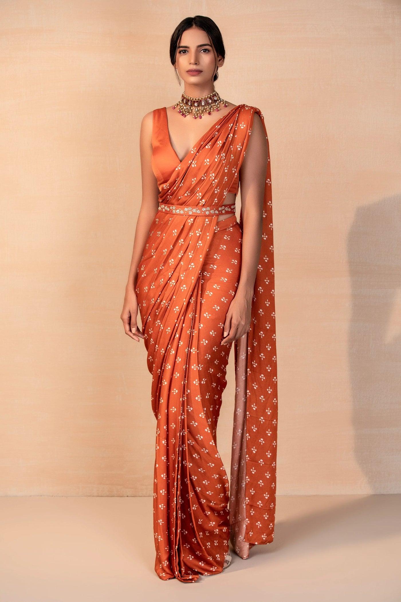 Rust Printed Draped Saree Indian Clothing in Denver, CO, Aurora, CO, Boulder, CO, Fort Collins, CO, Colorado Springs, CO, Parker, CO, Highlands Ranch, CO, Cherry Creek, CO, Centennial, CO, and Longmont, CO. NATIONWIDE SHIPPING USA- India Fashion X