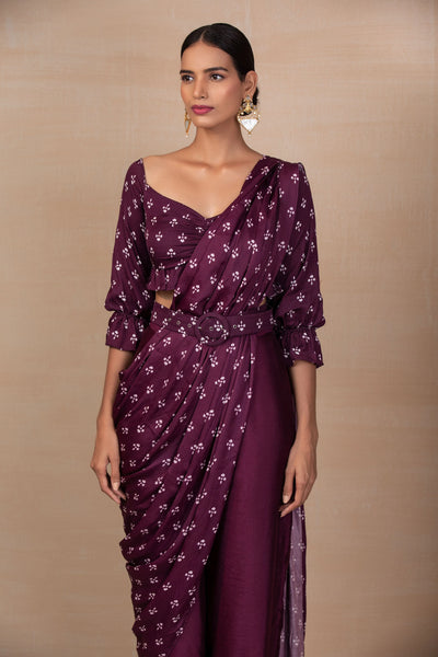 Purple Printed Draped Saree Indian Clothing in Denver, CO, Aurora, CO, Boulder, CO, Fort Collins, CO, Colorado Springs, CO, Parker, CO, Highlands Ranch, CO, Cherry Creek, CO, Centennial, CO, and Longmont, CO. NATIONWIDE SHIPPING USA- India Fashion X
