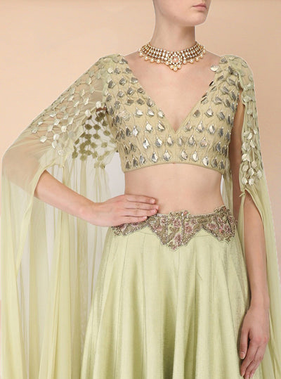 Uncaged Crop Tea Green Lehenga - Indian Clothing in Denver, CO, Aurora, CO, Boulder, CO, Fort Collins, CO, Colorado Springs, CO, Parker, CO, Highlands Ranch, CO, Cherry Creek, CO, Centennial, CO, and Longmont, CO. Nationwide shipping USA - India Fashion X