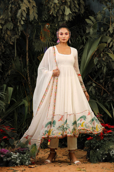 White Tropical Anarkali Indian Clothing in Denver, CO, Aurora, CO, Boulder, CO, Fort Collins, CO, Colorado Springs, CO, Parker, CO, Highlands Ranch, CO, Cherry Creek, CO, Centennial, CO, and Longmont, CO. NATIONWIDE SHIPPING USA- India Fashion X