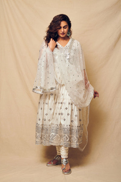 Tiered Ivory Anarkali Set - Indian Clothing in Denver, CO, Aurora, CO, Boulder, CO, Fort Collins, CO, Colorado Springs, CO, Parker, CO, Highlands Ranch, CO, Cherry Creek, CO, Centennial, CO, and Longmont, CO. Nationwide shipping USA - India Fashion X