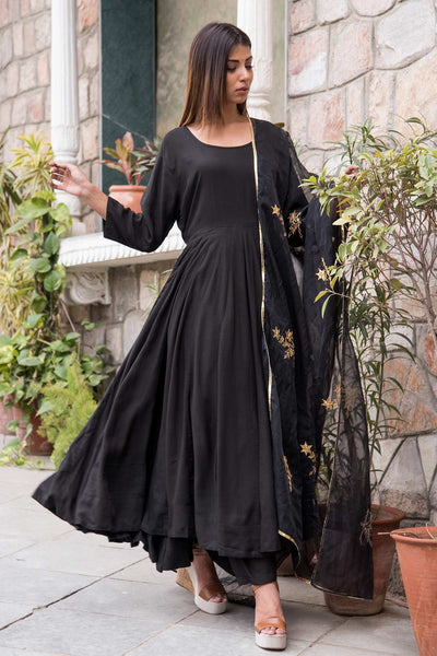 Black Cotton Mul Anarkali Set - Indian Clothing in Denver, CO, Aurora, CO, Boulder, CO, Fort Collins, CO, Colorado Springs, CO, Parker, CO, Highlands Ranch, CO, Cherry Creek, CO, Centennial, CO, and Longmont, CO. Nationwide shipping USA - India Fashion X