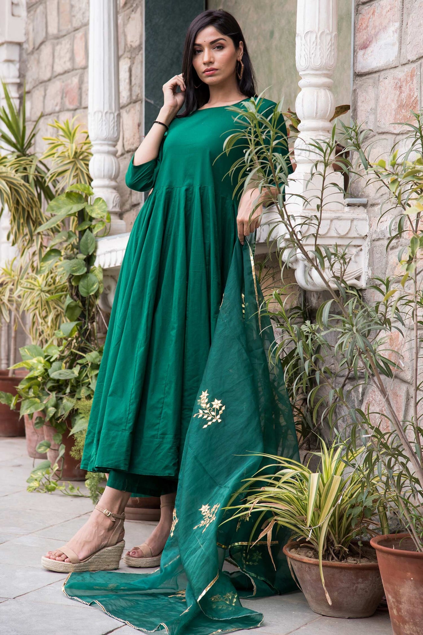 Green Cotton Mul Anarkali Set - Indian Clothing in Denver, CO, Aurora, CO, Boulder, CO, Fort Collins, CO, Colorado Springs, CO, Parker, CO, Highlands Ranch, CO, Cherry Creek, CO, Centennial, CO, and Longmont, CO. Nationwide shipping USA - India Fashion X