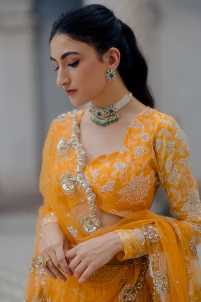 Orange Kesari Floral Lehenga Indian Clothing in Denver, CO, Aurora, CO, Boulder, CO, Fort Collins, CO, Colorado Springs, CO, Parker, CO, Highlands Ranch, CO, Cherry Creek, CO, Centennial, CO, and Longmont, CO. NATIONWIDE SHIPPING USA- India Fashion X