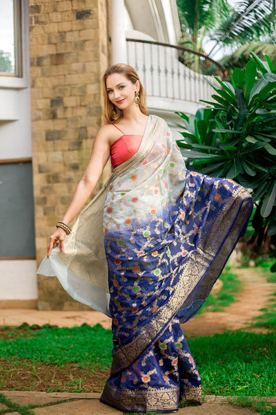 Blue and Gold Banarasi Saree Indian Clothing in Denver, CO, Aurora, CO, Boulder, CO, Fort Collins, CO, Colorado Springs, CO, Parker, CO, Highlands Ranch, CO, Cherry Creek, CO, Centennial, CO, and Longmont, CO. NATIONWIDE SHIPPING USA- India Fashion X