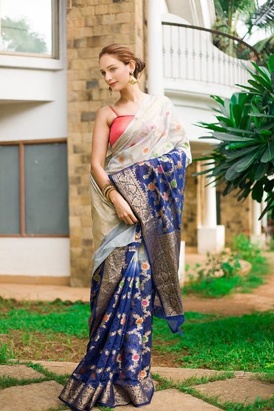 Blue and Gold Banarasi Saree Indian Clothing in Denver, CO, Aurora, CO, Boulder, CO, Fort Collins, CO, Colorado Springs, CO, Parker, CO, Highlands Ranch, CO, Cherry Creek, CO, Centennial, CO, and Longmont, CO. NATIONWIDE SHIPPING USA- India Fashion X