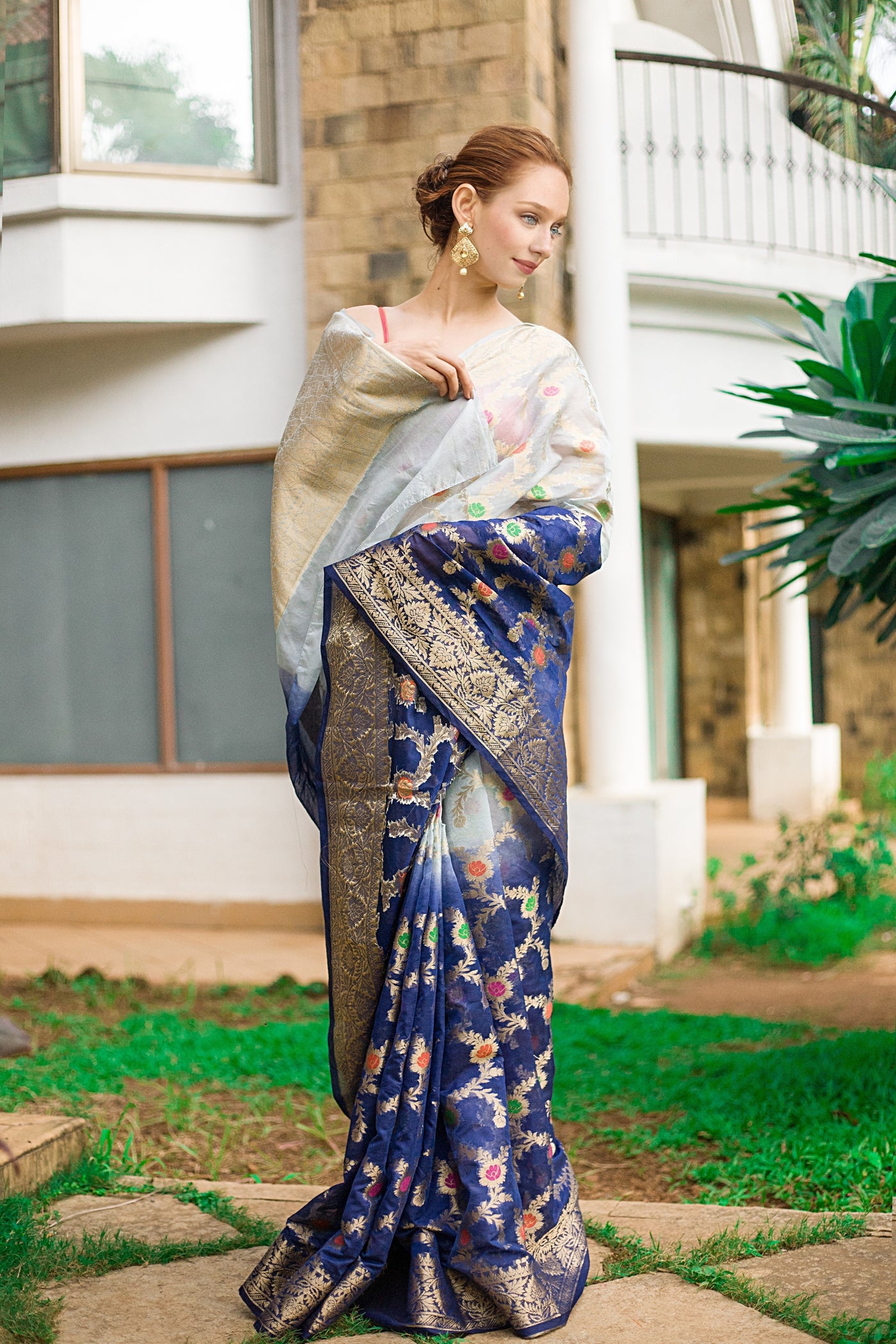 Blue and Gold Banarasi Saree Indian Clothing in Denver, CO, Aurora, CO, Boulder, CO, Fort Collins, CO, Colorado Springs, CO, Parker, CO, Highlands Ranch, CO, Cherry Creek, CO, Centennial, CO, and Longmont, CO. NATIONWIDE SHIPPING USA- India Fashion X