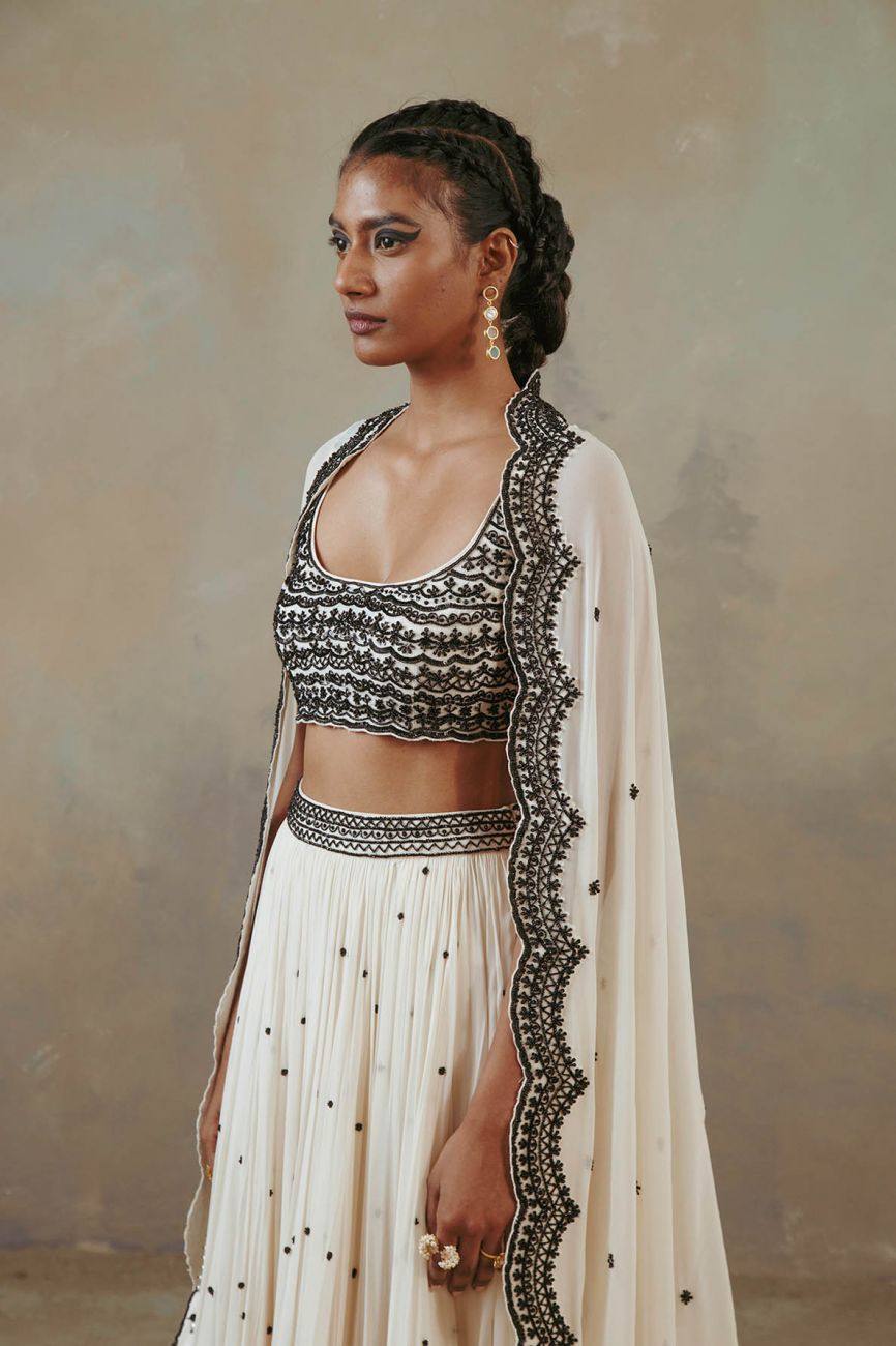 Ebony And Ivory Scalloped Lehenga Set Indian Clothing in Denver, CO, Aurora, CO, Boulder, CO, Fort Collins, CO, Colorado Springs, CO, Parker, CO, Highlands Ranch, CO, Cherry Creek, CO, Centennial, CO, and Longmont, CO. NATIONWIDE SHIPPING USA- India Fashion X