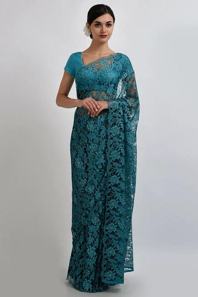 Turquoise French Chantilly Lace Saree - Indian Clothing in Denver, CO, Aurora, CO, Boulder, CO, Fort Collins, CO, Colorado Springs, CO, Parker, CO, Highlands Ranch, CO, Cherry Creek, CO, Centennial, CO, and Longmont, CO. Nationwide shipping USA - India Fashion X