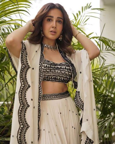 Ebony And Ivory Scalloped Lehenga Set Indian Clothing in Denver, CO, Aurora, CO, Boulder, CO, Fort Collins, CO, Colorado Springs, CO, Parker, CO, Highlands Ranch, CO, Cherry Creek, CO, Centennial, CO, and Longmont, CO. NATIONWIDE SHIPPING USA- India Fashion X