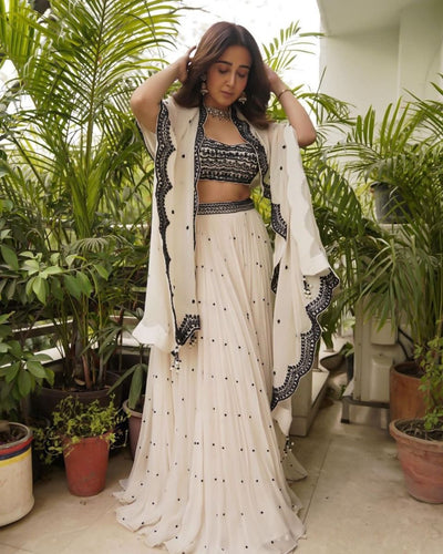 Ebony And Ivory Scalloped Lehenga Set Indian Clothing in Denver, CO, Aurora, CO, Boulder, CO, Fort Collins, CO, Colorado Springs, CO, Parker, CO, Highlands Ranch, CO, Cherry Creek, CO, Centennial, CO, and Longmont, CO. NATIONWIDE SHIPPING USA- India Fashion X