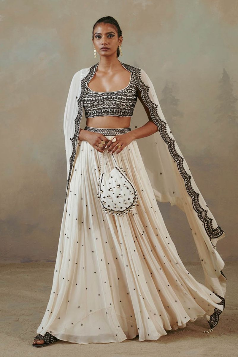 Ebony And Ivory Scalloped Lehenga Set Indian Clothing in Denver, CO, Aurora, CO, Boulder, CO, Fort Collins, CO, Colorado Springs, CO, Parker, CO, Highlands Ranch, CO, Cherry Creek, CO, Centennial, CO, and Longmont, CO. NATIONWIDE SHIPPING USA- India Fashion X