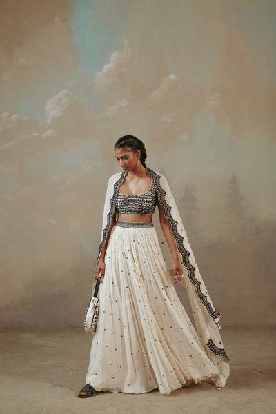 Ebony And Ivory Scalloped Lehenga Set Indian Clothing in Denver, CO, Aurora, CO, Boulder, CO, Fort Collins, CO, Colorado Springs, CO, Parker, CO, Highlands Ranch, CO, Cherry Creek, CO, Centennial, CO, and Longmont, CO. NATIONWIDE SHIPPING USA- India Fashion X