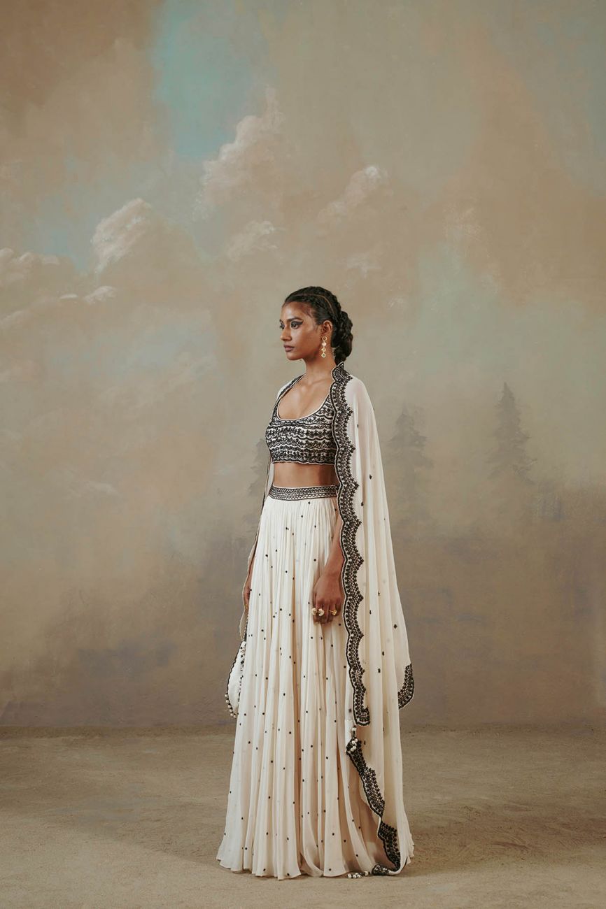 Ebony And Ivory Scalloped Lehenga Set Indian Clothing in Denver, CO, Aurora, CO, Boulder, CO, Fort Collins, CO, Colorado Springs, CO, Parker, CO, Highlands Ranch, CO, Cherry Creek, CO, Centennial, CO, and Longmont, CO. NATIONWIDE SHIPPING USA- India Fashion X