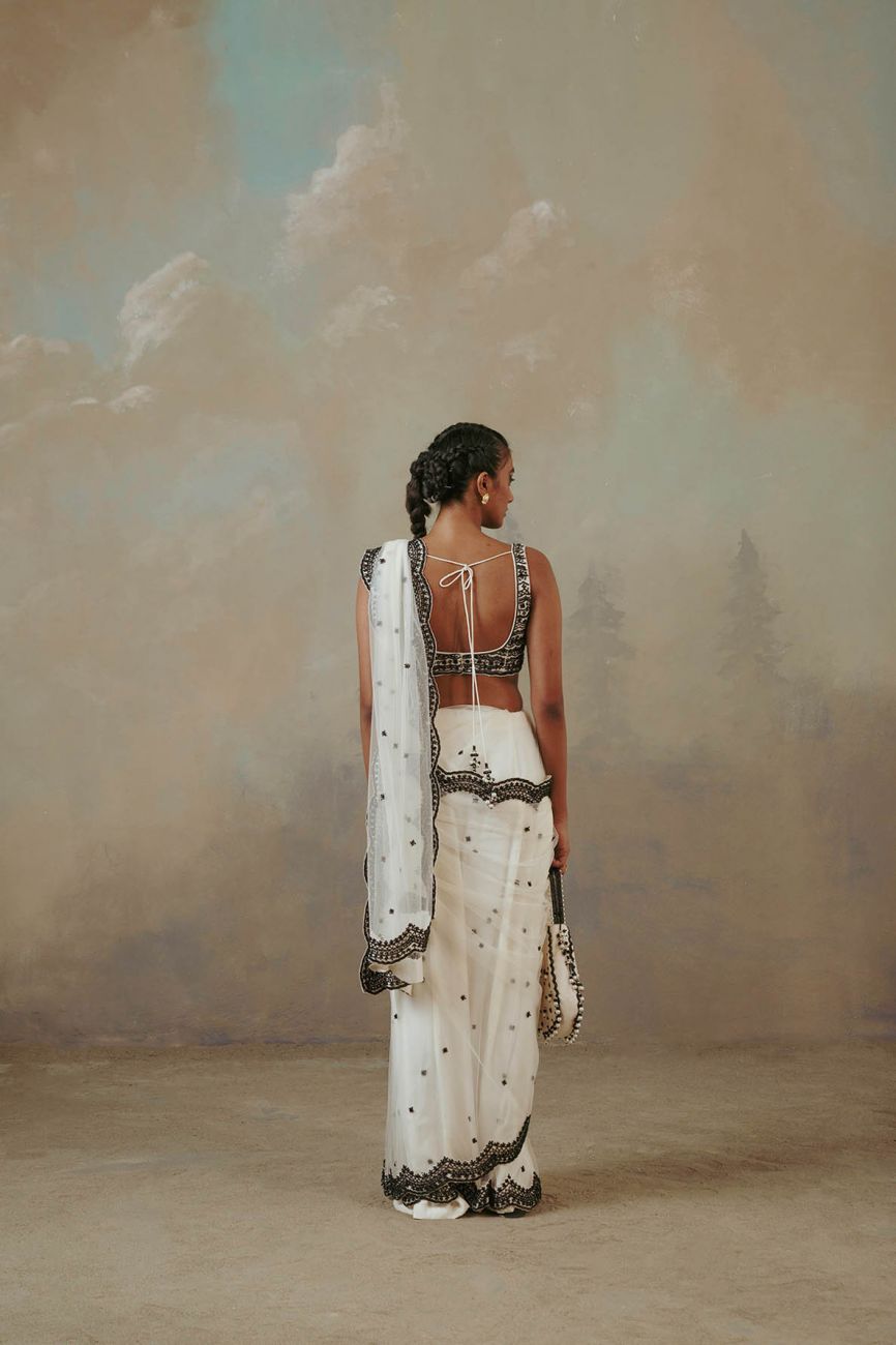 Ebony And Ivory Scalloped Saree Indian Clothing in Denver, CO, Aurora, CO, Boulder, CO, Fort Collins, CO, Colorado Springs, CO, Parker, CO, Highlands Ranch, CO, Cherry Creek, CO, Centennial, CO, and Longmont, CO. NATIONWIDE SHIPPING USA- India Fashion X