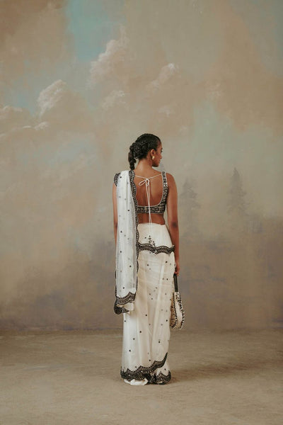 Ebony And Ivory Scalloped Saree Indian Clothing in Denver, CO, Aurora, CO, Boulder, CO, Fort Collins, CO, Colorado Springs, CO, Parker, CO, Highlands Ranch, CO, Cherry Creek, CO, Centennial, CO, and Longmont, CO. NATIONWIDE SHIPPING USA- India Fashion X