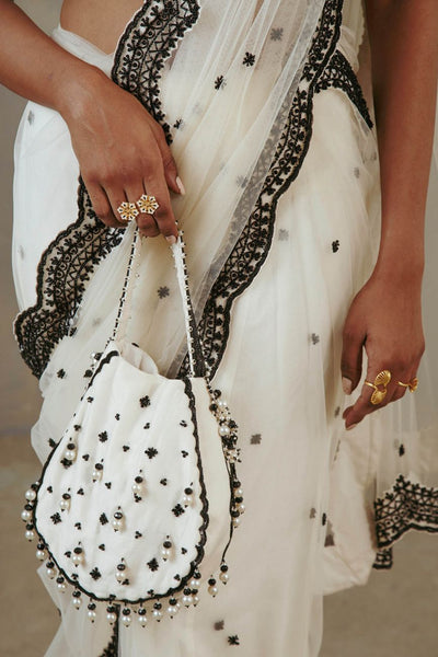 Ebony And Ivory Scalloped Saree Indian Clothing in Denver, CO, Aurora, CO, Boulder, CO, Fort Collins, CO, Colorado Springs, CO, Parker, CO, Highlands Ranch, CO, Cherry Creek, CO, Centennial, CO, and Longmont, CO. NATIONWIDE SHIPPING USA- India Fashion X