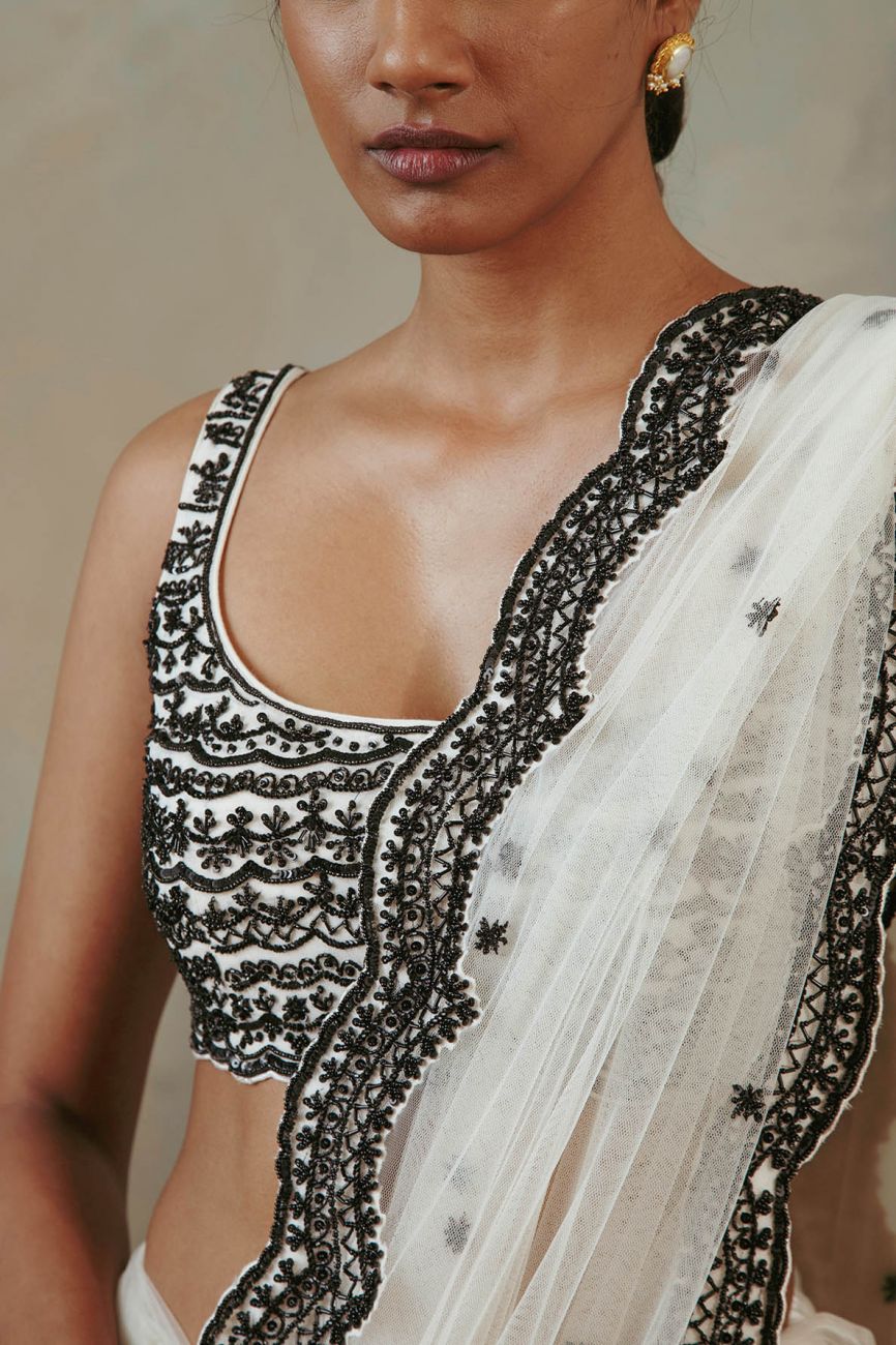 Ebony And Ivory Scalloped Saree Indian Clothing in Denver, CO, Aurora, CO, Boulder, CO, Fort Collins, CO, Colorado Springs, CO, Parker, CO, Highlands Ranch, CO, Cherry Creek, CO, Centennial, CO, and Longmont, CO. NATIONWIDE SHIPPING USA- India Fashion X