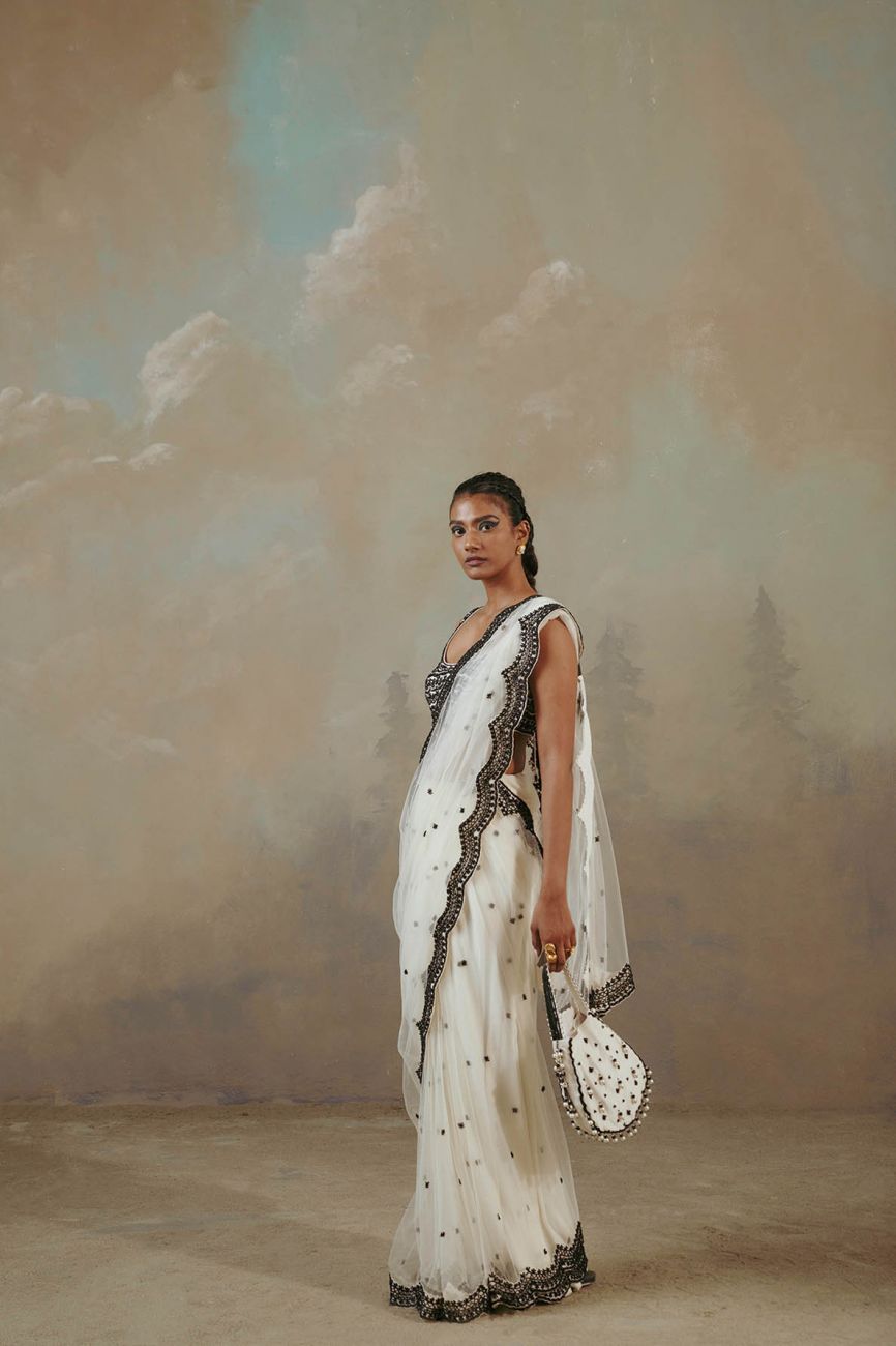 Ebony And Ivory Scalloped Saree Indian Clothing in Denver, CO, Aurora, CO, Boulder, CO, Fort Collins, CO, Colorado Springs, CO, Parker, CO, Highlands Ranch, CO, Cherry Creek, CO, Centennial, CO, and Longmont, CO. NATIONWIDE SHIPPING USA- India Fashion X
