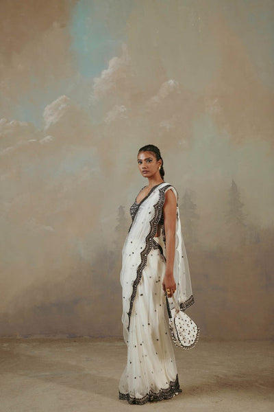 Ebony And Ivory Scalloped Saree Indian Clothing in Denver, CO, Aurora, CO, Boulder, CO, Fort Collins, CO, Colorado Springs, CO, Parker, CO, Highlands Ranch, CO, Cherry Creek, CO, Centennial, CO, and Longmont, CO. NATIONWIDE SHIPPING USA- India Fashion X
