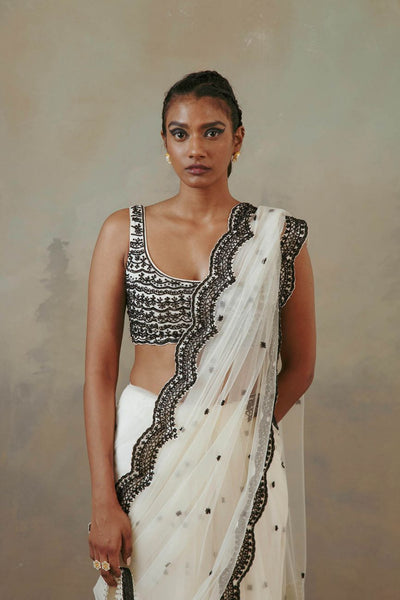 Ebony And Ivory Scalloped Saree Indian Clothing in Denver, CO, Aurora, CO, Boulder, CO, Fort Collins, CO, Colorado Springs, CO, Parker, CO, Highlands Ranch, CO, Cherry Creek, CO, Centennial, CO, and Longmont, CO. NATIONWIDE SHIPPING USA- India Fashion X