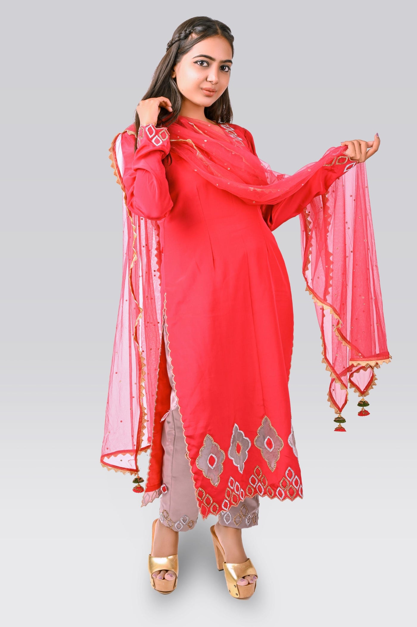 Tomato Crepe Salwar-Kameez - Indian Clothing in Denver, CO, Aurora, CO, Boulder, CO, Fort Collins, CO, Colorado Springs, CO, Parker, CO, Highlands Ranch, CO, Cherry Creek, CO, Centennial, CO, and Longmont, CO. Nationwide shipping USA - India Fashion X