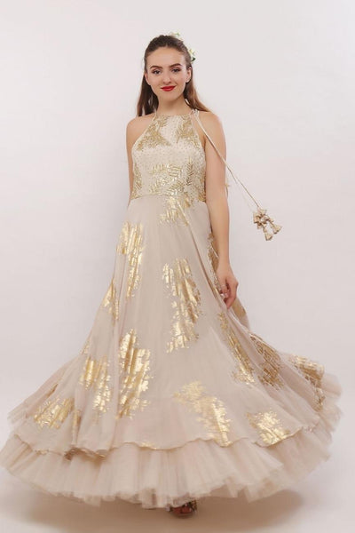 Ivory-Gold Leaf Motif Anarkali - Indian Clothing in Denver, CO, Aurora, CO, Boulder, CO, Fort Collins, CO, Colorado Springs, CO, Parker, CO, Highlands Ranch, CO, Cherry Creek, CO, Centennial, CO, and Longmont, CO. Nationwide shipping USA - India Fashion X