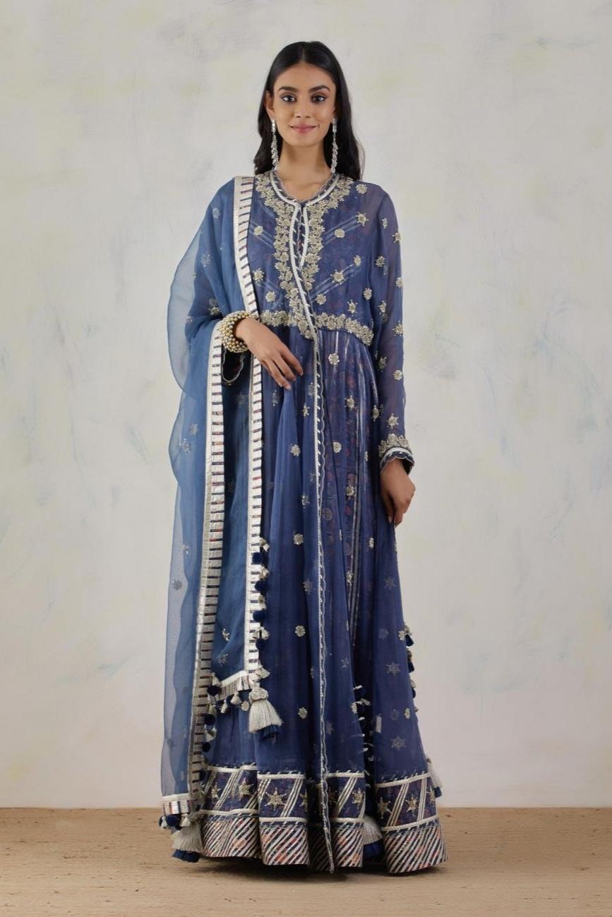 Navy Nayana Chanderi Anarkali - Indian Clothing in Denver, CO, Aurora, CO, Boulder, CO, Fort Collins, CO, Colorado Springs, CO, Parker, CO, Highlands Ranch, CO, Cherry Creek, CO, Centennial, CO, and Longmont, CO. Nationwide shipping USA - India Fashion X