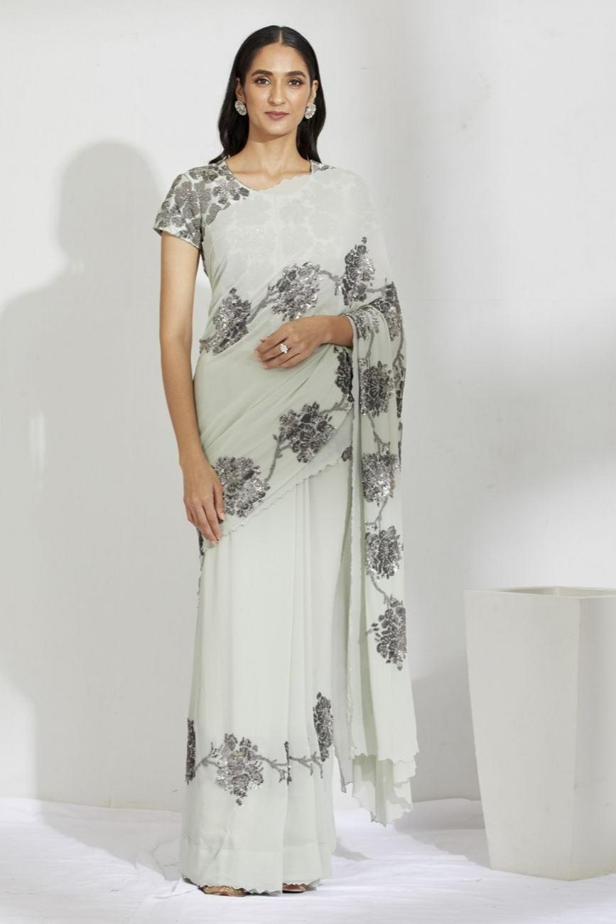 Mint And Silver Floral Bead Saree - Indian Clothing in Denver, CO, Aurora, CO, Boulder, CO, Fort Collins, CO, Colorado Springs, CO, Parker, CO, Highlands Ranch, CO, Cherry Creek, CO, Centennial, CO, and Longmont, CO. Nationwide shipping USA - India Fashion X