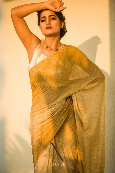 Butterscotch Blend Sequin Saree - Indian Clothing in Denver, CO, Aurora, CO, Boulder, CO, Fort Collins, CO, Colorado Springs, CO, Parker, CO, Highlands Ranch, CO, Cherry Creek, CO, Centennial, CO, and Longmont, CO. Nationwide shipping USA - India Fashion X