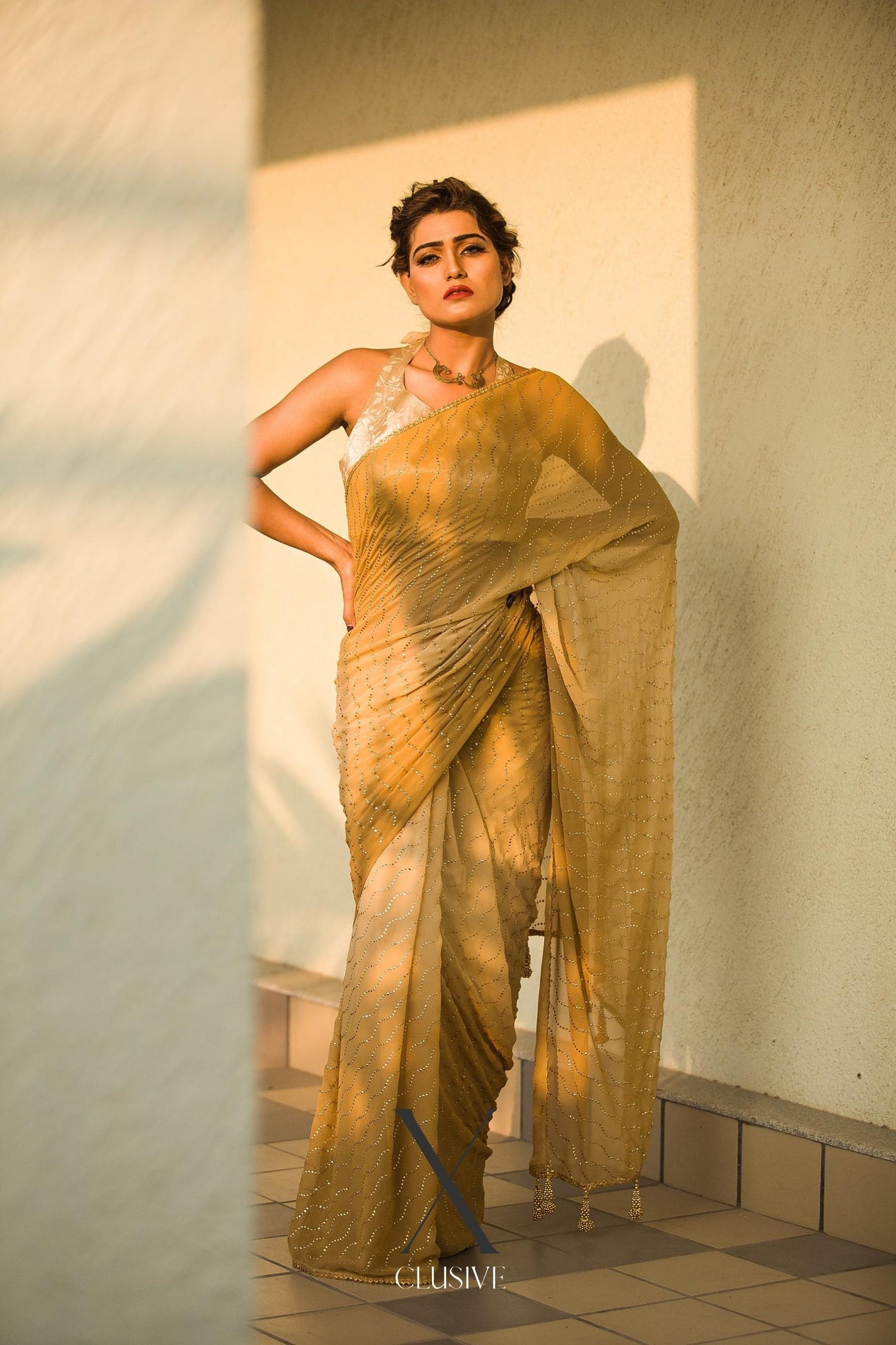 Butterscotch Blend Sequin Saree - Indian Clothing in Denver, CO, Aurora, CO, Boulder, CO, Fort Collins, CO, Colorado Springs, CO, Parker, CO, Highlands Ranch, CO, Cherry Creek, CO, Centennial, CO, and Longmont, CO. Nationwide shipping USA - India Fashion X