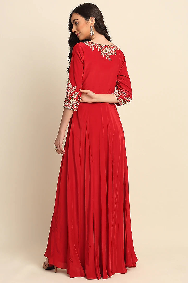 Red Crepe Anarkali Set - Indian Clothing in Denver, CO, Aurora, CO, Boulder, CO, Fort Collins, CO, Colorado Springs, CO, Parker, CO, Highlands Ranch, CO, Cherry Creek, CO, Centennial, CO, and Longmont, CO. Nationwide shipping USA - India Fashion X