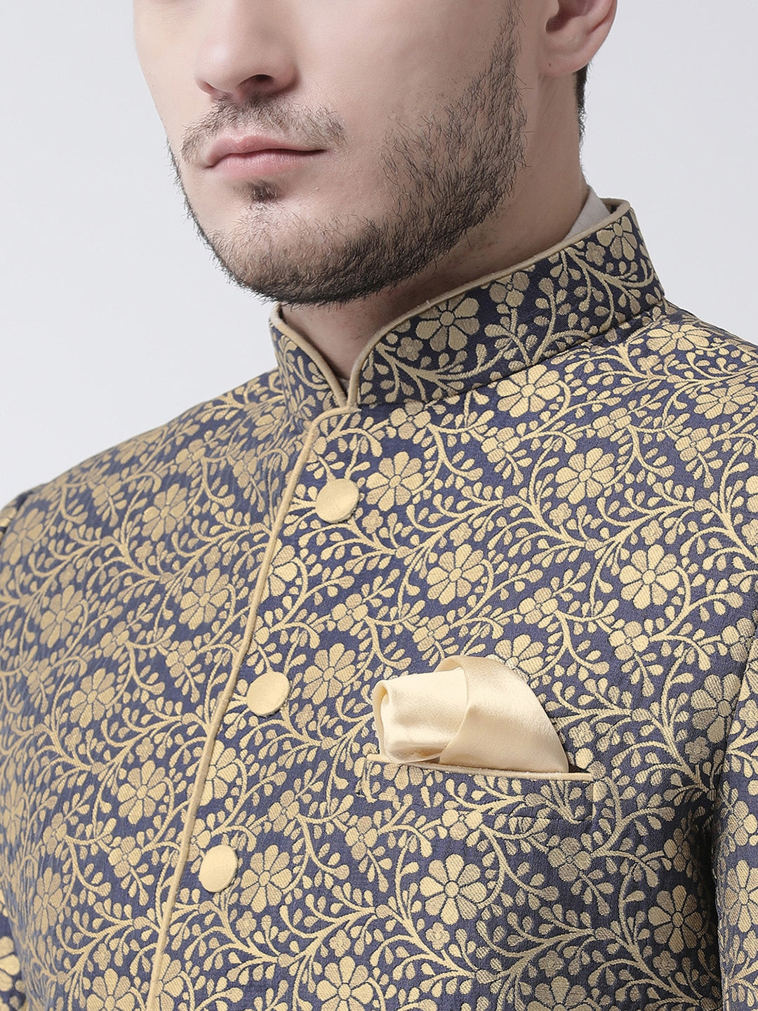 Navy Floral Woven Sherwani Indian Clothing in Denver, CO, Aurora, CO, Boulder, CO, Fort Collins, CO, Colorado Springs, CO, Parker, CO, Highlands Ranch, CO, Cherry Creek, CO, Centennial, CO, and Longmont, CO. NATIONWIDE SHIPPING USA- India Fashion X