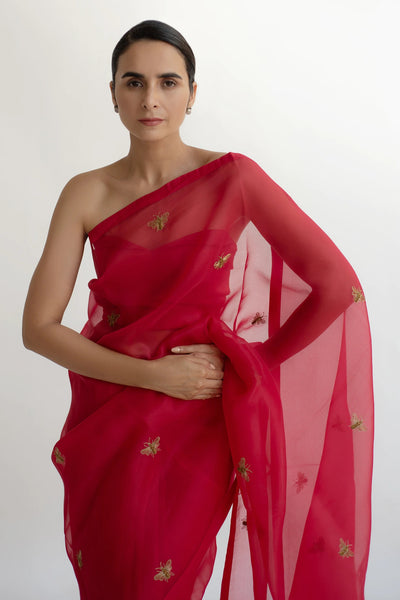 Bee Zardosi Saree - Rosso Red - Indian Clothing in Denver, CO, Aurora, CO, Boulder, CO, Fort Collins, CO, Colorado Springs, CO, Parker, CO, Highlands Ranch, CO, Cherry Creek, CO, Centennial, CO, and Longmont, CO. Nationwide shipping USA - India Fashion X
