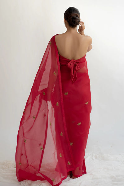 Bee Zardosi Saree - Rosso Red - Indian Clothing in Denver, CO, Aurora, CO, Boulder, CO, Fort Collins, CO, Colorado Springs, CO, Parker, CO, Highlands Ranch, CO, Cherry Creek, CO, Centennial, CO, and Longmont, CO. Nationwide shipping USA - India Fashion X