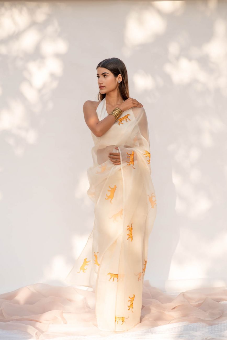 Ivory Jungle Saree - Indian Clothing in Denver, CO, Aurora, CO, Boulder, CO, Fort Collins, CO, Colorado Springs, CO, Parker, CO, Highlands Ranch, CO, Cherry Creek, CO, Centennial, CO, and Longmont, CO. Nationwide shipping USA - India Fashion X