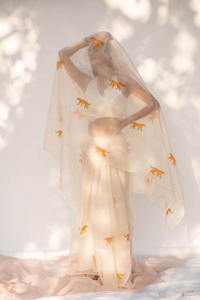 Ivory Jungle Saree - Indian Clothing in Denver, CO, Aurora, CO, Boulder, CO, Fort Collins, CO, Colorado Springs, CO, Parker, CO, Highlands Ranch, CO, Cherry Creek, CO, Centennial, CO, and Longmont, CO. Nationwide shipping USA - India Fashion X