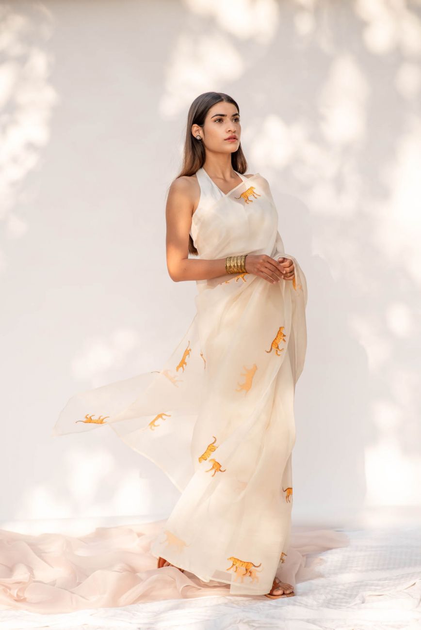 Ivory Jungle Saree - Indian Clothing in Denver, CO, Aurora, CO, Boulder, CO, Fort Collins, CO, Colorado Springs, CO, Parker, CO, Highlands Ranch, CO, Cherry Creek, CO, Centennial, CO, and Longmont, CO. Nationwide shipping USA - India Fashion X